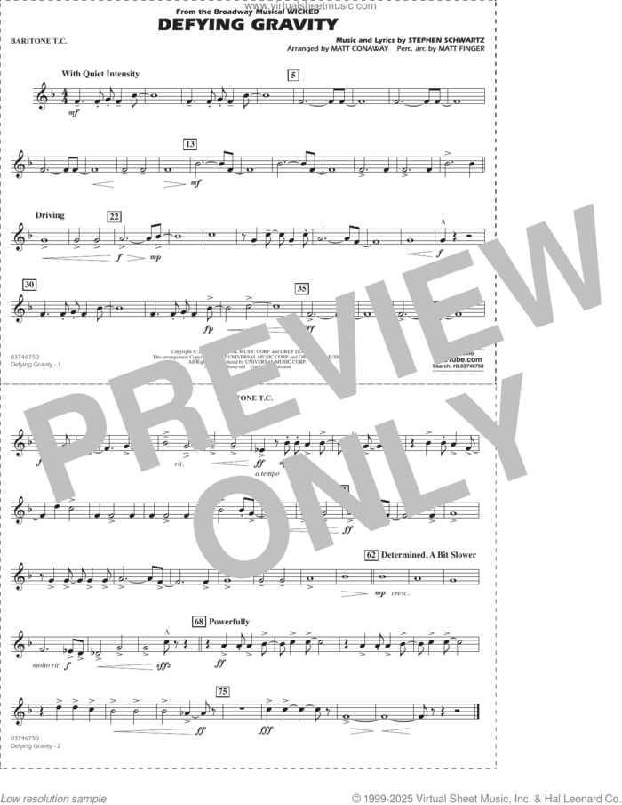 Defying Gravity (from Wicked) (arr. Matt Conaway and Matt Finger) sheet music for marching band (baritone t.c.) by Stephen Schwartz, Matt Conaway and Matt Finger, intermediate skill level