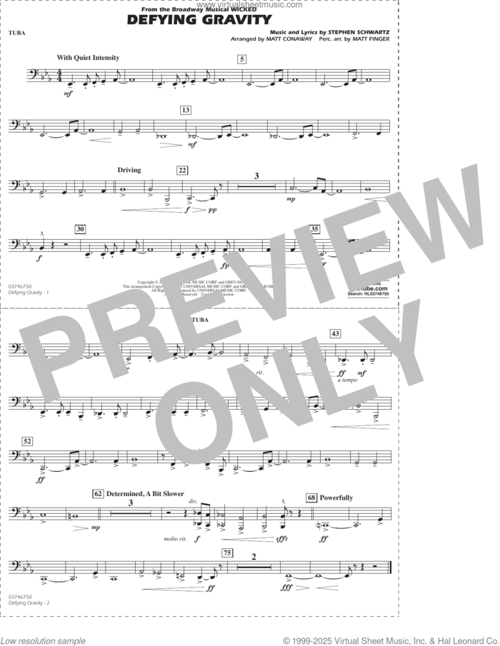 Defying Gravity (from Wicked) (arr. Matt Conaway and Matt Finger) sheet music for marching band (tuba) by Stephen Schwartz, Matt Conaway and Matt Finger, intermediate skill level