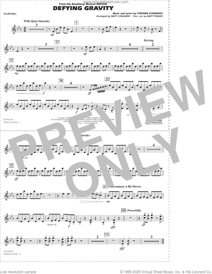Defying Gravity (from Wicked) (arr. Matt Conaway and Matt Finger) sheet music for marching band (marimba) by Stephen Schwartz, Matt Conaway and Matt Finger, intermediate skill level