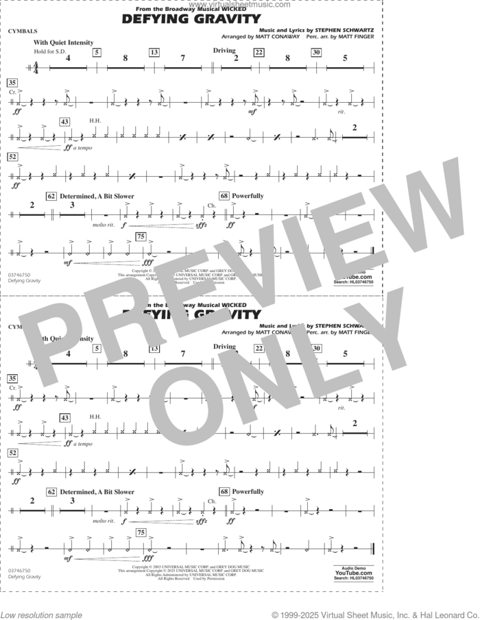 Defying Gravity (from Wicked) (arr. Matt Conaway and Matt Finger) sheet music for marching band (cymbals) by Stephen Schwartz, Matt Conaway and Matt Finger, intermediate skill level