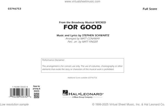 For Good (from Wicked) (arr. Matt Conaway and Matt Finger) sheet music for marching band (full score) by Stephen Schwartz, Matt Conaway and Matt Finger, intermediate skill level