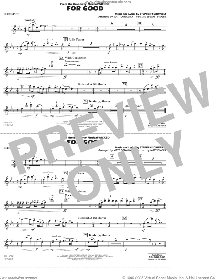 For Good (from Wicked) (arr. Matt Conaway and Matt Finger) sheet music for marching band (flute/piccolo) by Stephen Schwartz, Matt Conaway and Matt Finger, intermediate skill level