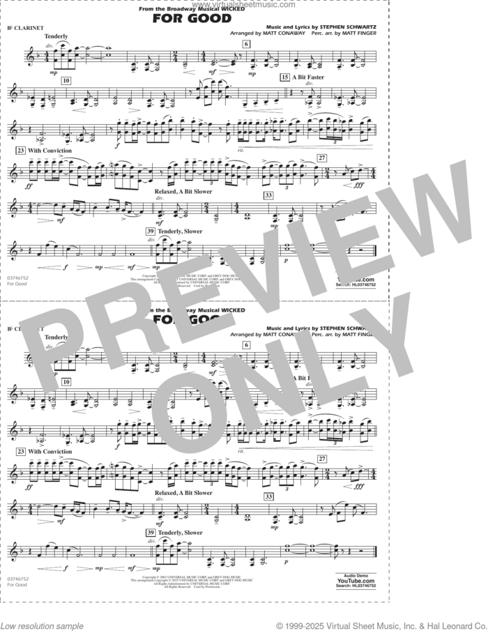 For Good (from Wicked) (arr. Matt Conaway and Matt Finger) sheet music for marching band (Bb clarinet) by Stephen Schwartz, Matt Conaway and Matt Finger, intermediate skill level