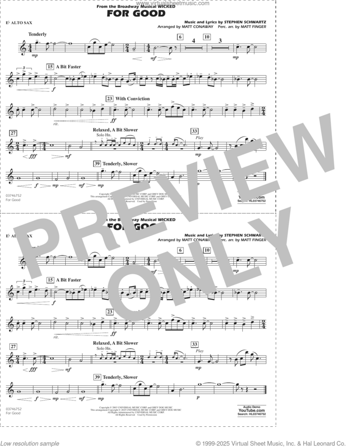 For Good (from Wicked) (arr. Matt Conaway and Matt Finger) sheet music for marching band (Eb alto sax) by Stephen Schwartz, Matt Conaway and Matt Finger, intermediate skill level