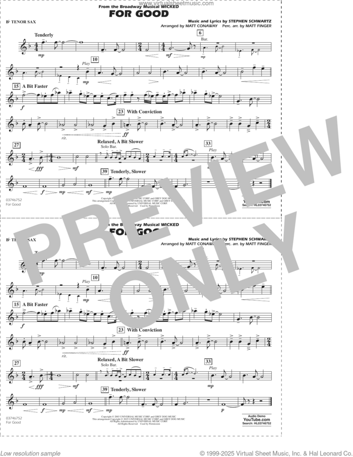 For Good (from Wicked) (arr. Matt Conaway and Matt Finger) sheet music for marching band (Bb tenor sax) by Stephen Schwartz, Matt Conaway and Matt Finger, intermediate skill level
