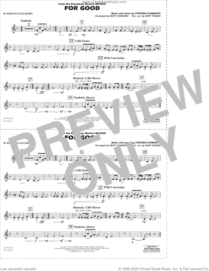 For Good (from Wicked) (arr. Matt Conaway and Matt Finger) sheet music for marching band (Bb horn/flugelhorn) by Stephen Schwartz, Matt Conaway and Matt Finger, intermediate skill level