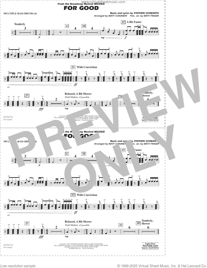 For Good (from Wicked) (arr. Matt Conaway and Matt Finger) sheet music for marching band (multiple bass drums) by Stephen Schwartz, Matt Conaway and Matt Finger, intermediate skill level