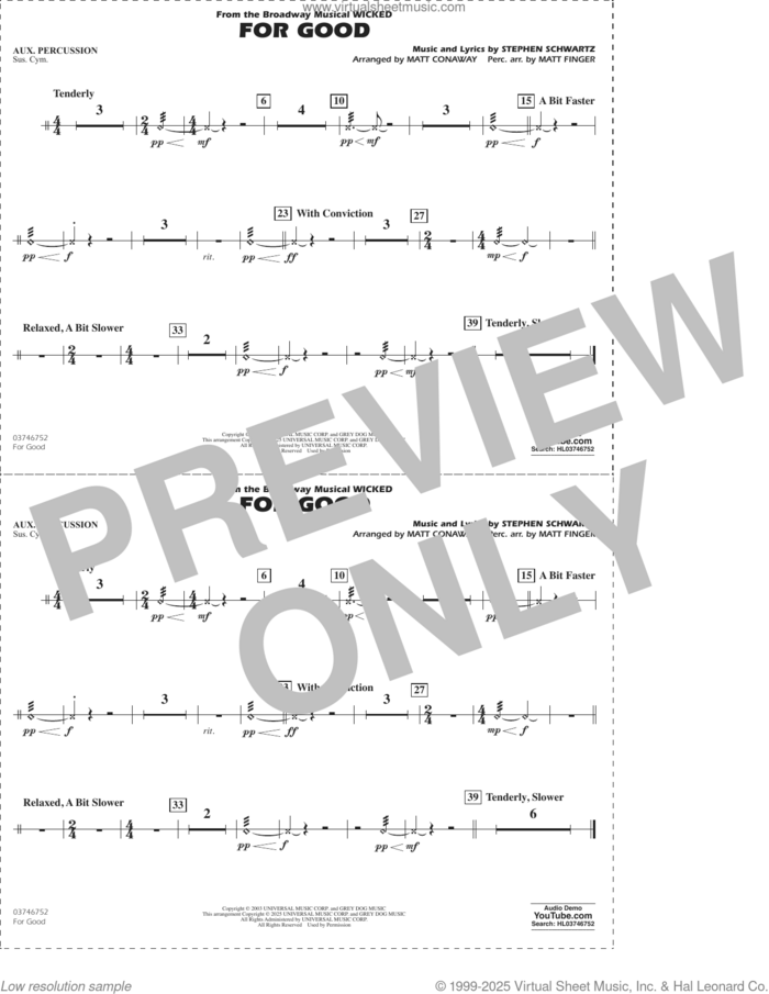 For Good (from Wicked) (arr. Matt Conaway and Matt Finger) sheet music for marching band (aux percussion) by Stephen Schwartz, Matt Conaway and Matt Finger, intermediate skill level