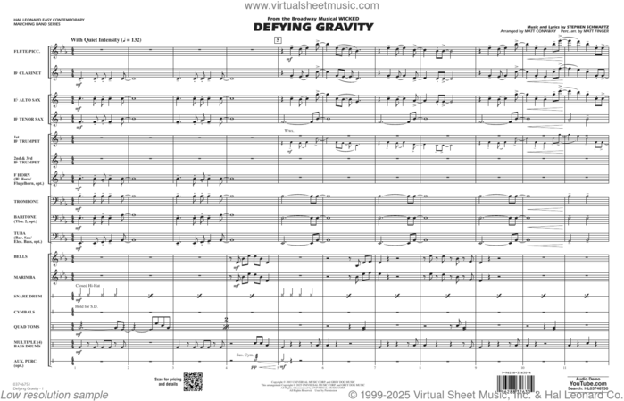 Defying Gravity (from Wicked) (COMPLETE) sheet music for marching band by Stephen Schwartz, Matt Conaway and Matt Finger, intermediate skill level