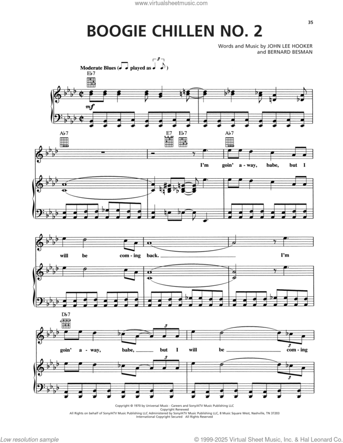Boogie Chillen No. 2 sheet music for voice, piano or guitar by John Lee Hooker and Bernard Besman, classical score, intermediate skill level
