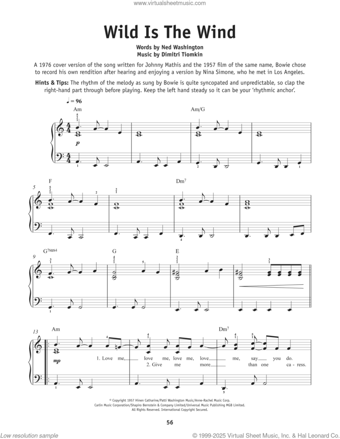 Wild Is The Wind sheet music for piano solo by David Bowie, Dimitri Tiomkin and Ned Washington, beginner skill level