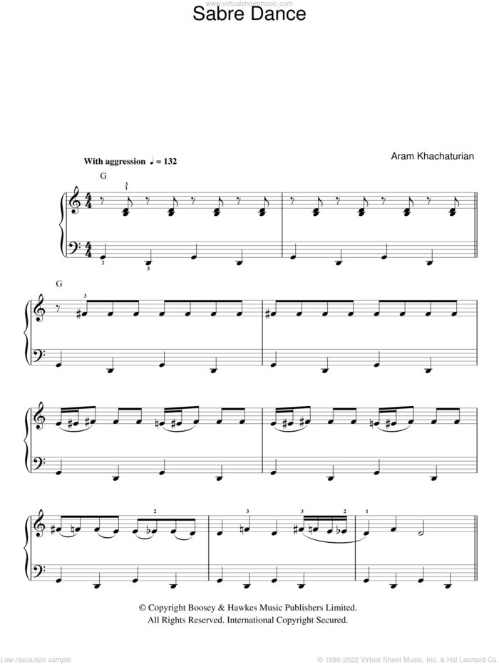Sabre Dance, (easy) sheet music for piano solo by Aram Khachaturian, classical score, easy skill level