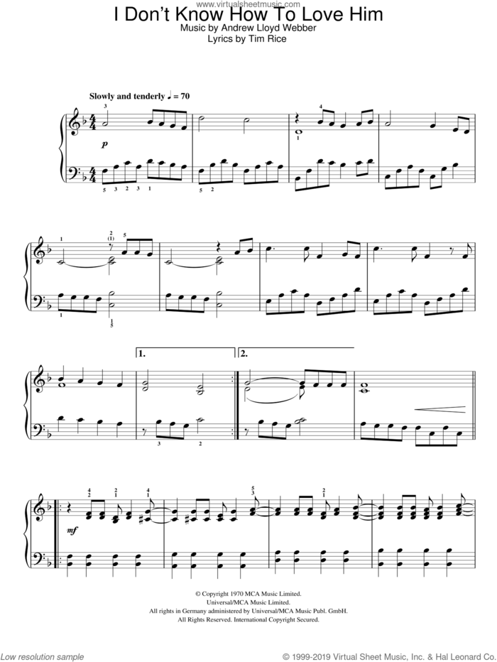 I Don't Know How To Love Him sheet music for piano solo by Andrew Lloyd Webber, Jesus Christ Superstar (Musical) and Tim Rice, easy skill level
