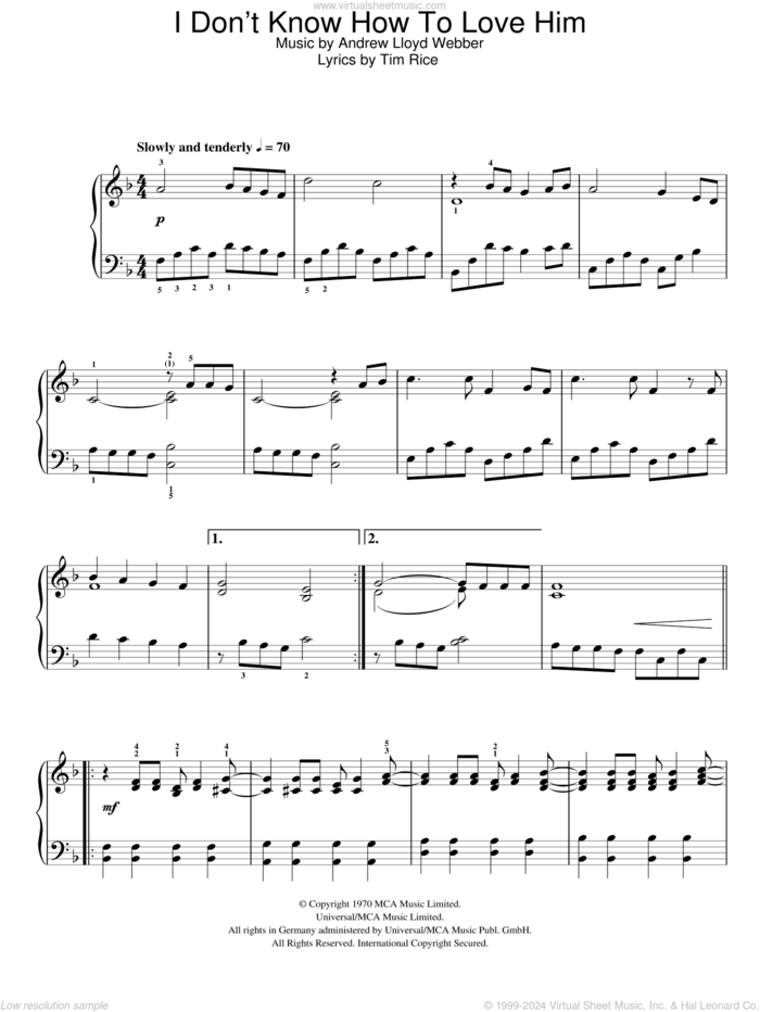 I Don't Know How To Love Him sheet music for piano solo by Andrew Lloyd Webber, Jesus Christ Superstar (Musical) and Tim Rice, easy skill level