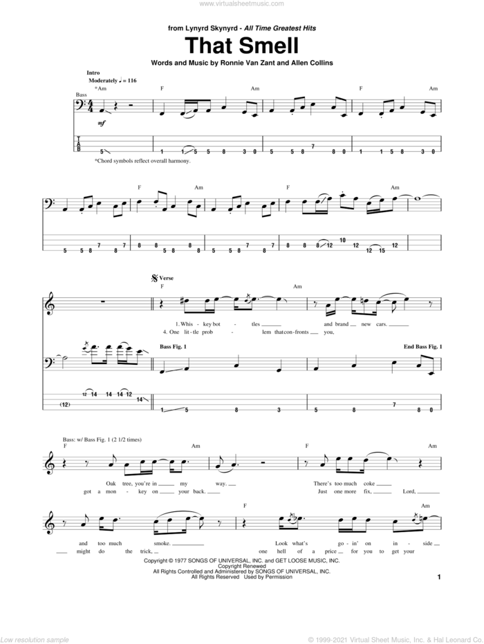 That Smell sheet music for bass (tablature) (bass guitar) by Lynyrd Skynyrd, Alan Collins and Ronnie Van Zant, intermediate skill level