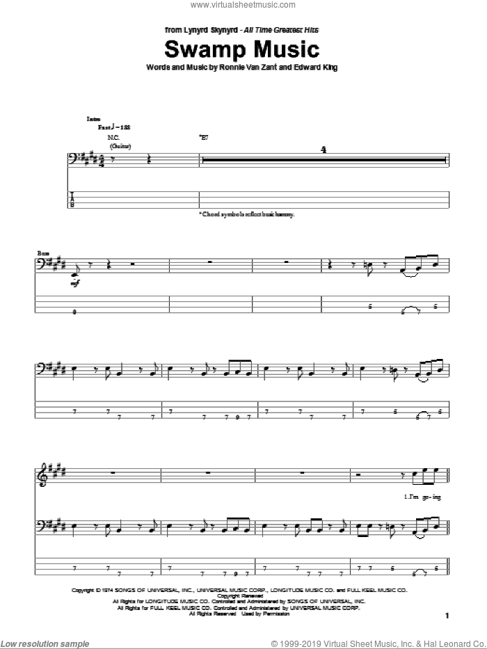 Swamp Music sheet music for bass (tablature) (bass guitar) by Lynyrd Skynyrd, Edward King and Ronnie Van Zant, intermediate skill level