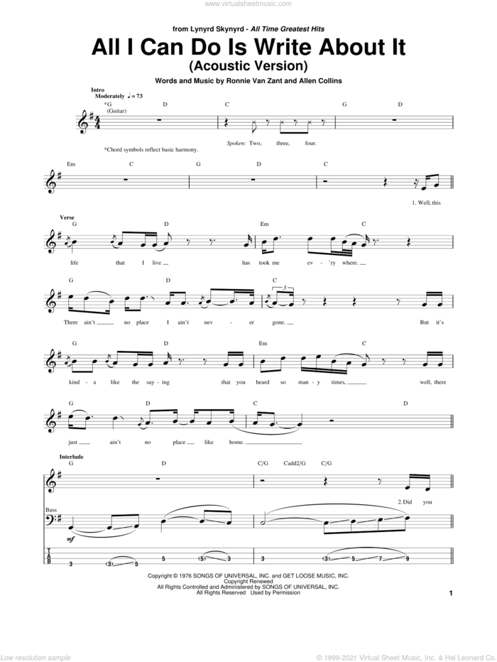 All I Can Do Is Write About It sheet music for bass (tablature) (bass guitar) by Lynyrd Skynyrd, Allen Collins and Ronnie Van Zant, intermediate skill level