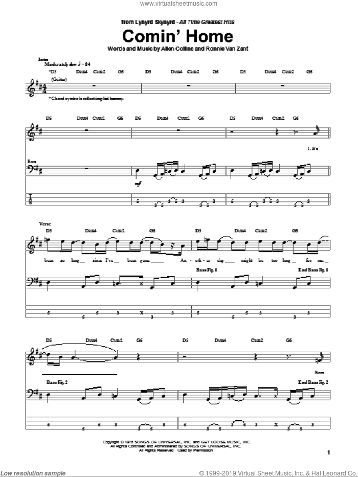 Comin' Home sheet music for bass (tablature) (bass guitar) by Lynyrd Skynyrd, Allen Collins and Ronnie Van Zant, intermediate skill level