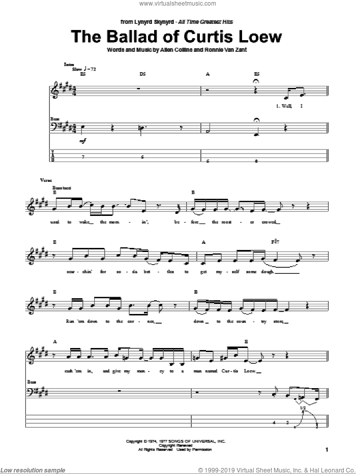 The Ballad Of Curtis Loew sheet music for bass (tablature) (bass guitar) by Lynyrd Skynyrd, Allen Collins and Ronnie Van Zant, intermediate skill level