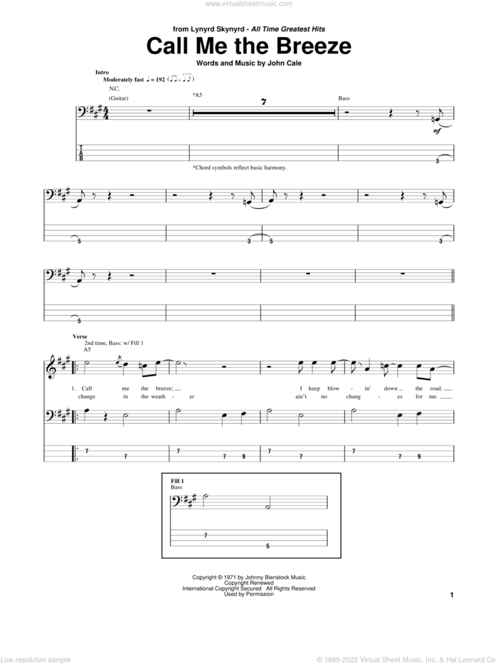 Call Me The Breeze sheet music for bass (tablature) (bass guitar) by Lynyrd Skynyrd and John Cale, intermediate skill level