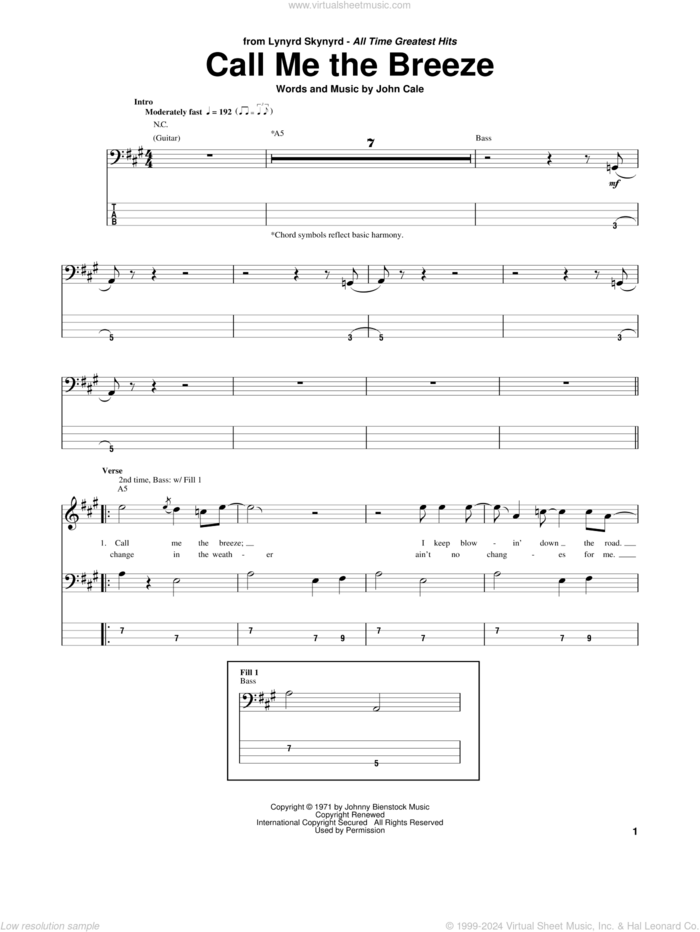 Call Me The Breeze sheet music for bass (tablature) (bass guitar) by Lynyrd Skynyrd and John Cale, intermediate skill level