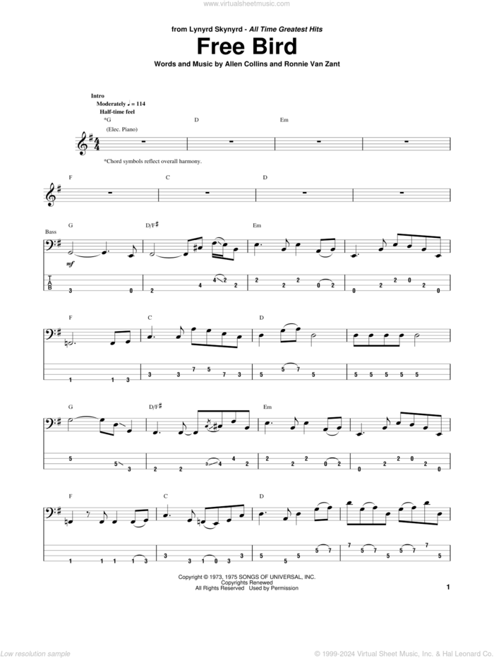 Free Bird sheet music for bass (tablature) (bass guitar) by Lynyrd Skynyrd, Allen Collins and Ronnie Van Zant, intermediate skill level