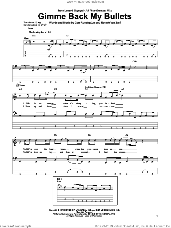 Gimme Back My Bullets sheet music for bass (tablature) (bass guitar) by Lynyrd Skynyrd, Gary Rossington and Ronnie Van Zant, intermediate skill level