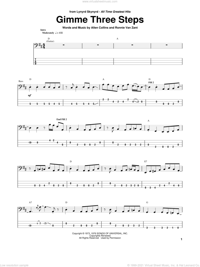 Gimme Three Steps sheet music for bass (tablature) (bass guitar) by Lynyrd Skynyrd, Allen Collins and Ronnie Van Zant, intermediate skill level
