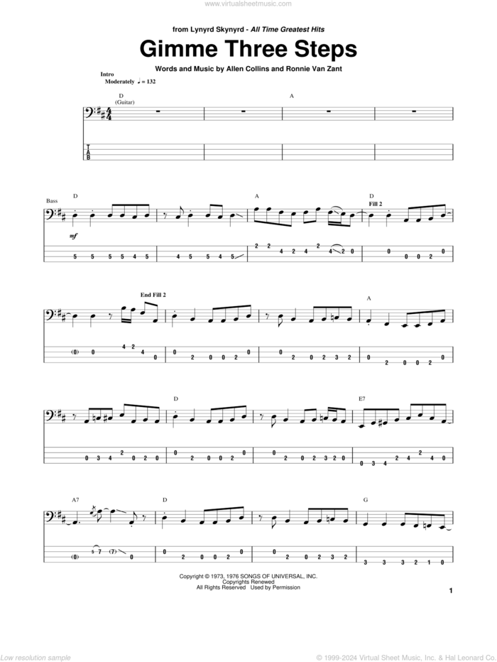 Gimme Three Steps sheet music for bass (tablature) (bass guitar) by Lynyrd Skynyrd, Allen Collins and Ronnie Van Zant, intermediate skill level