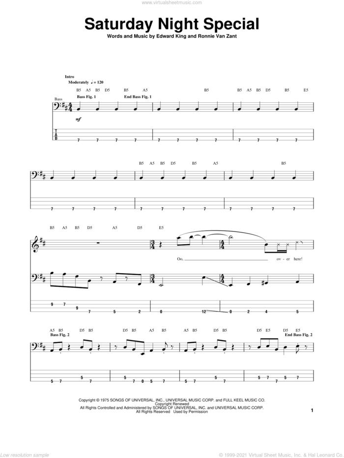 Saturday Night Special sheet music for bass (tablature) (bass guitar) by Lynyrd Skynyrd, Edward King and Ronnie Van Zant, intermediate skill level