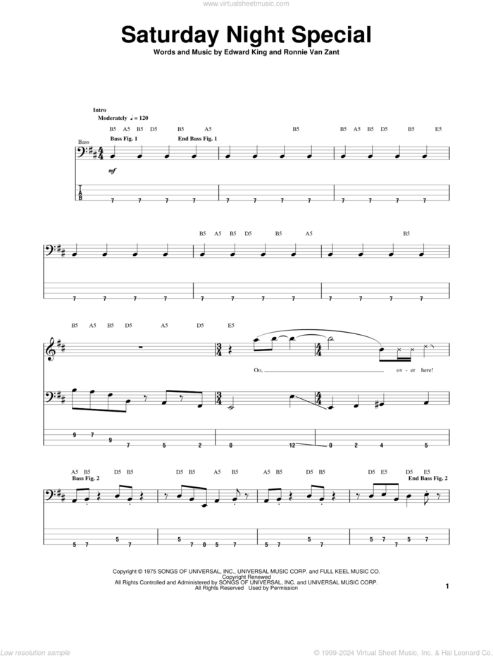 Saturday Night Special sheet music for bass (tablature) (bass guitar) by Lynyrd Skynyrd, Edward King and Ronnie Van Zant, intermediate skill level