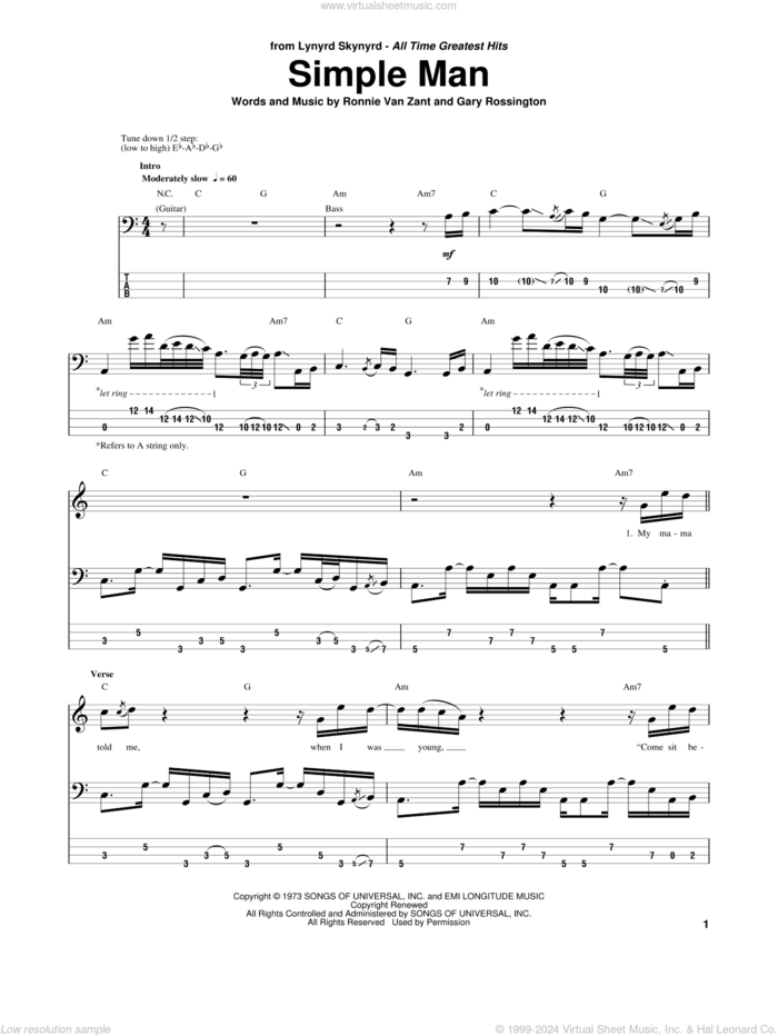 Simple Man sheet music for bass (tablature) (bass guitar) by Lynyrd Skynyrd, Gary Rossington and Ronnie Van Zant, intermediate skill level