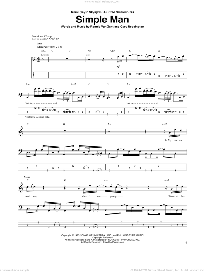 Simple Man sheet music for bass (tablature) (bass guitar) by Lynyrd Skynyrd, Gary Rossington and Ronnie Van Zant, intermediate skill level