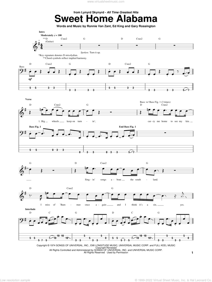 Sweet Home Alabama sheet music for bass (tablature) (bass guitar) by Lynyrd Skynyrd, Edward King, Gary Rossington and Ronnie Van Zant, intermediate skill level