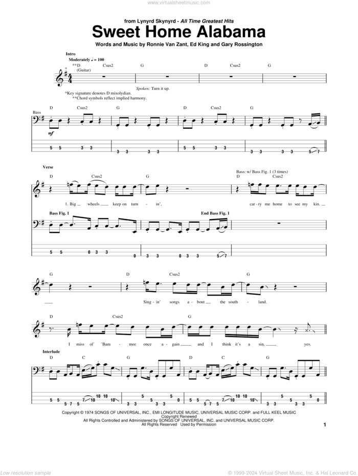 Sweet Home Alabama sheet music for bass (tablature) (bass guitar) by Lynyrd Skynyrd, Edward King, Gary Rossington and Ronnie Van Zant, intermediate skill level