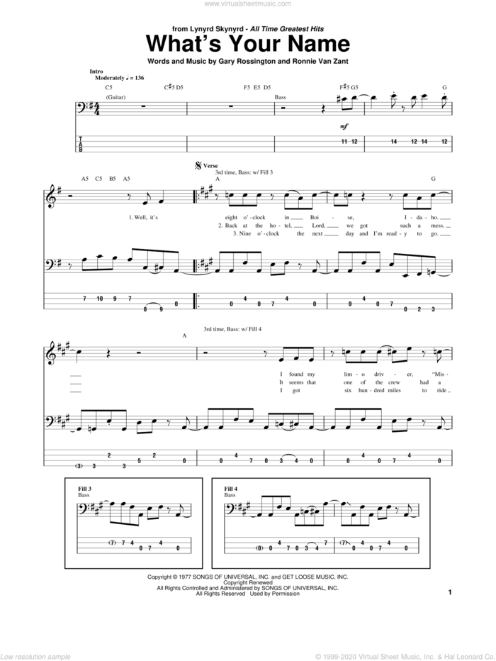 What's Your Name sheet music for bass (tablature) (bass guitar) by Lynyrd Skynyrd, Gary Rossington and Ronnie Van Zant, intermediate skill level