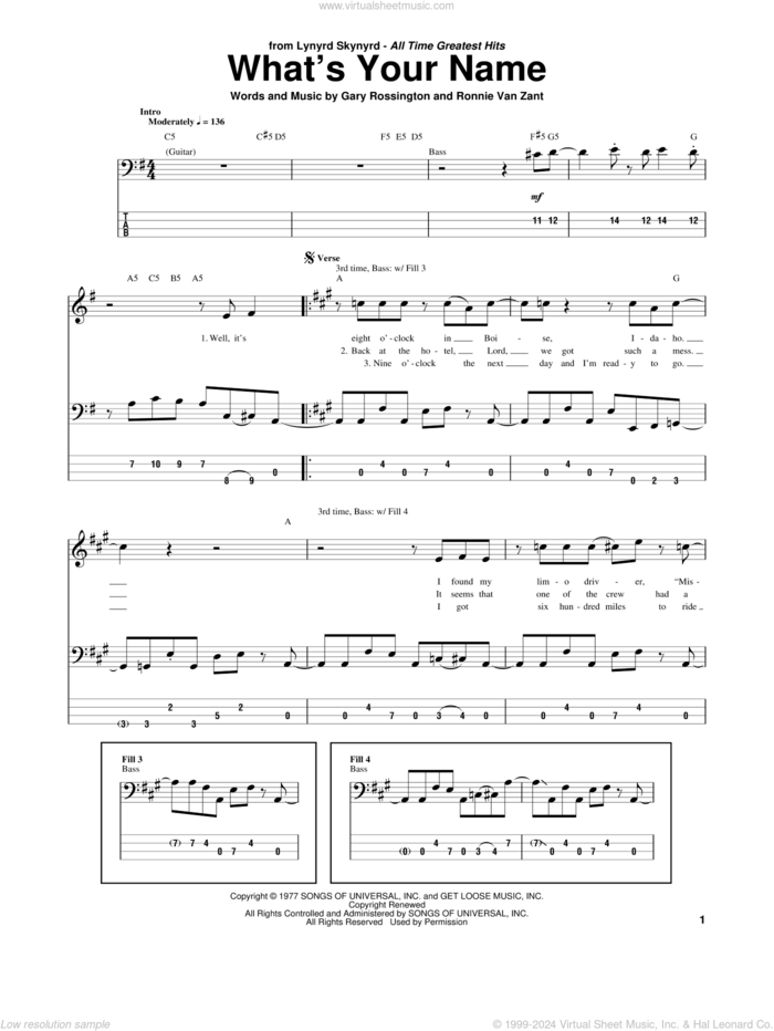 What's Your Name sheet music for bass (tablature) (bass guitar) by Lynyrd Skynyrd, Gary Rossington and Ronnie Van Zant, intermediate skill level