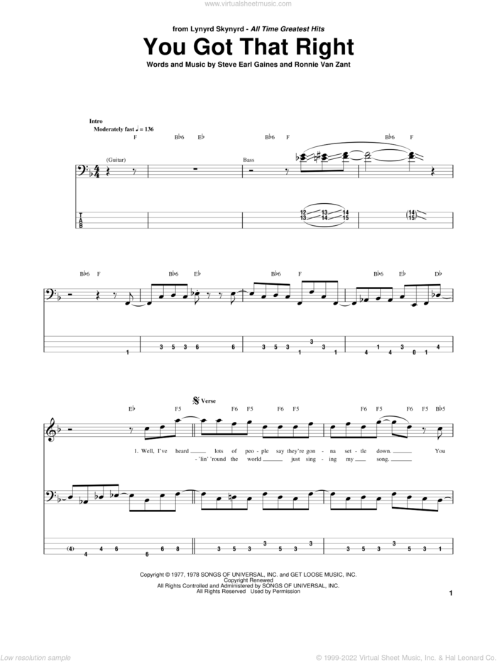 You Got That Right sheet music for bass (tablature) (bass guitar) by Lynyrd Skynyrd, Ronnie Van Zant and Steve Gaines, intermediate skill level