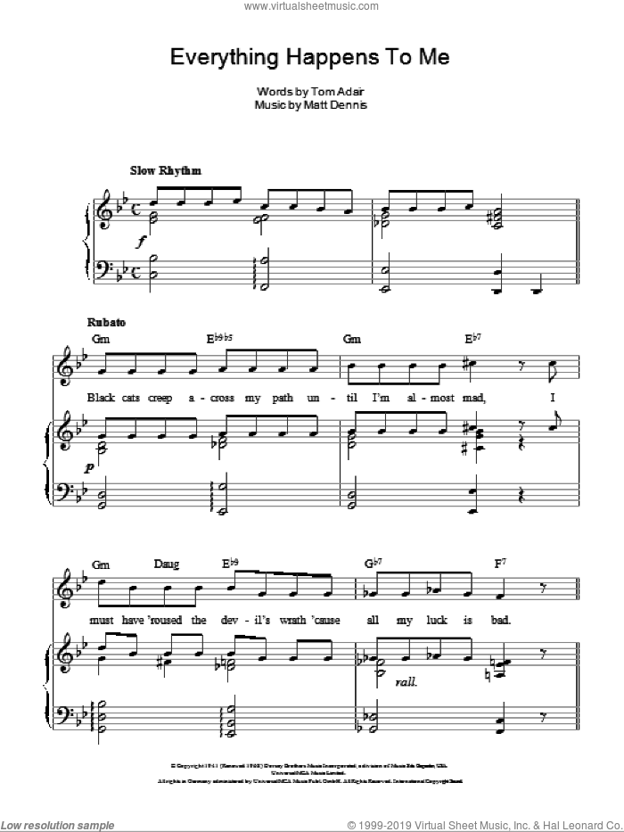 Everything Happens To Me sheet music for voice, piano or guitar by Frank Sinatra, Matt Dennis and Tom Adair, intermediate skill level
