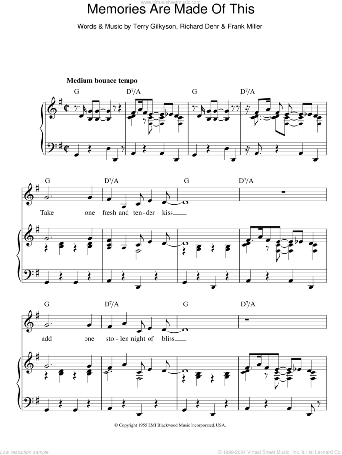 Memories Are Made Of This sheet music for voice, piano or guitar by Dean Martin, Frank Miller, Richard Dehr and Terry Gilkyson, intermediate skill level