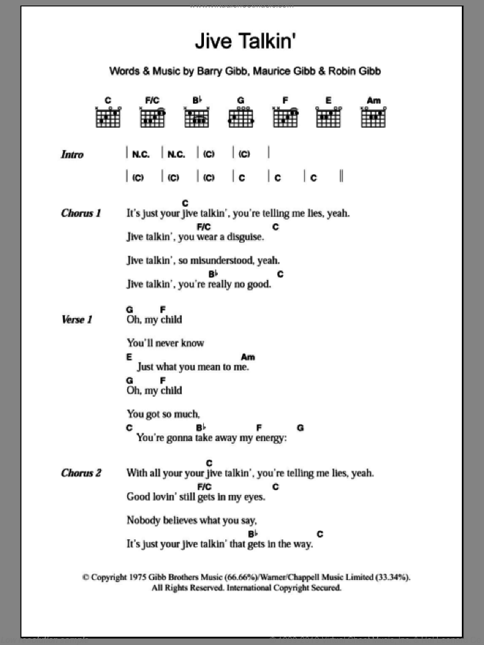 Jive Talkin' sheet music for guitar (chords) by Bee Gees, Barry Gibb, Maurice Gibb and Robin Gibb, intermediate skill level
