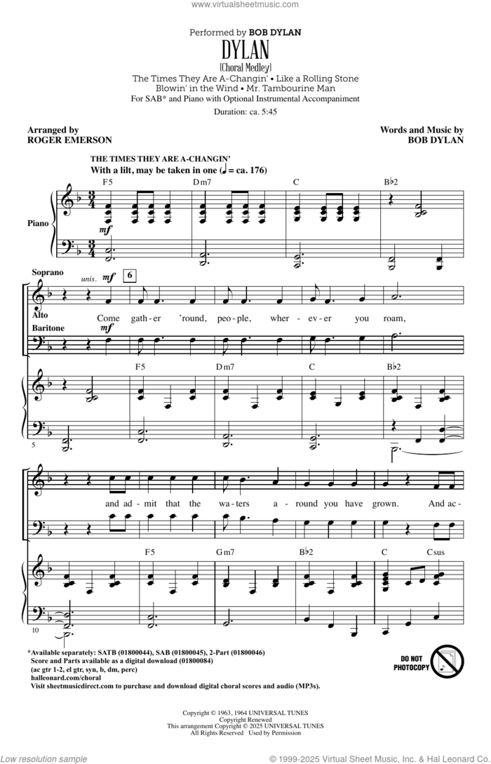 Dylan (Choral Medley) (arr. Roger Emerson) sheet music for choir (SAB: soprano, alto, bass) by Bob Dylan and Roger Emerson, intermediate skill level