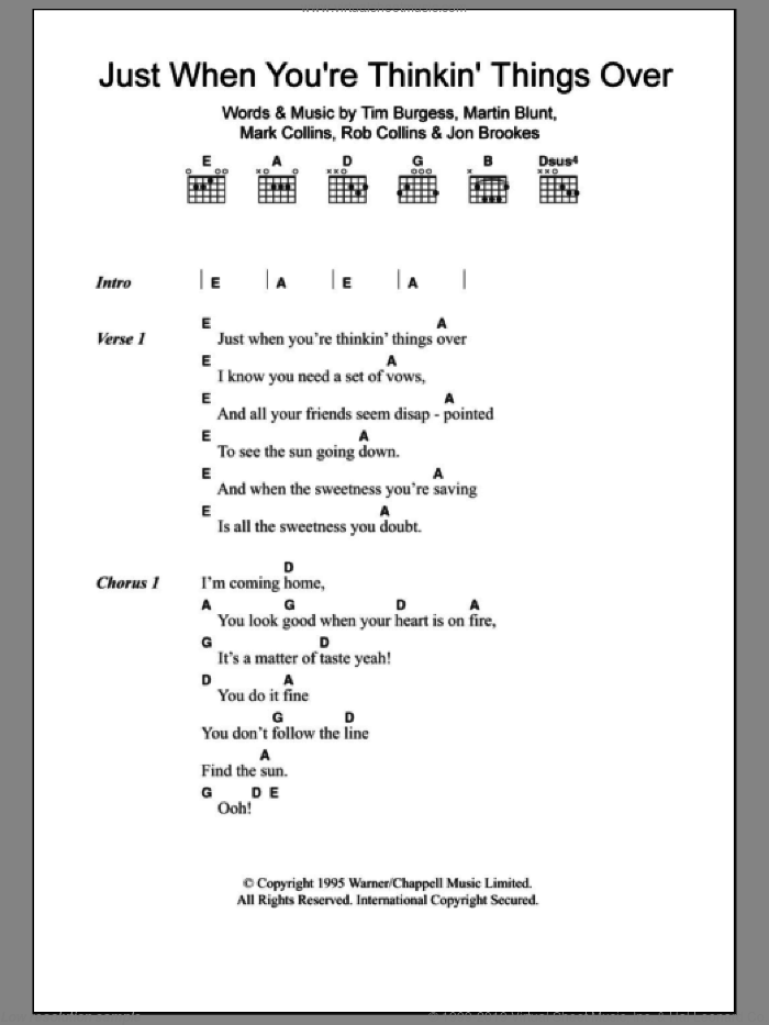 Just When You're Thinkin' Things Over sheet music for guitar (chords) by The Charlatans, Jon Brookes, Mark Collins, Martin Blunt, Rob Collins and Tim Burgess, intermediate skill level
