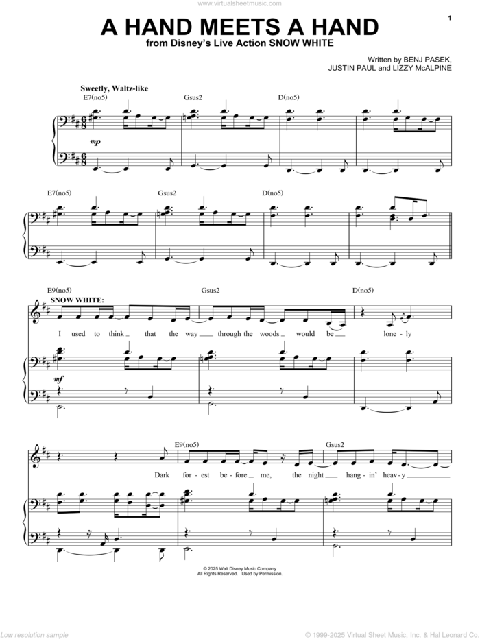 A Hand Meets A Hand (from Snow White) (2025) sheet music for voice and piano by Benj Pasek, Justin Paul, Lizzy Mcalpine and Pasek & Paul, intermediate skill level