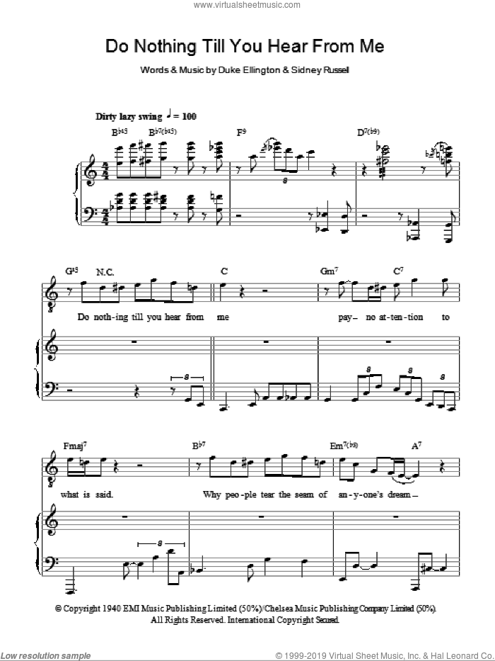 Do Nothing Till You Hear From Me (Concerto For Cootie) sheet music for voice, piano or guitar by Duke Ellington and Sidney Russell, intermediate skill level
