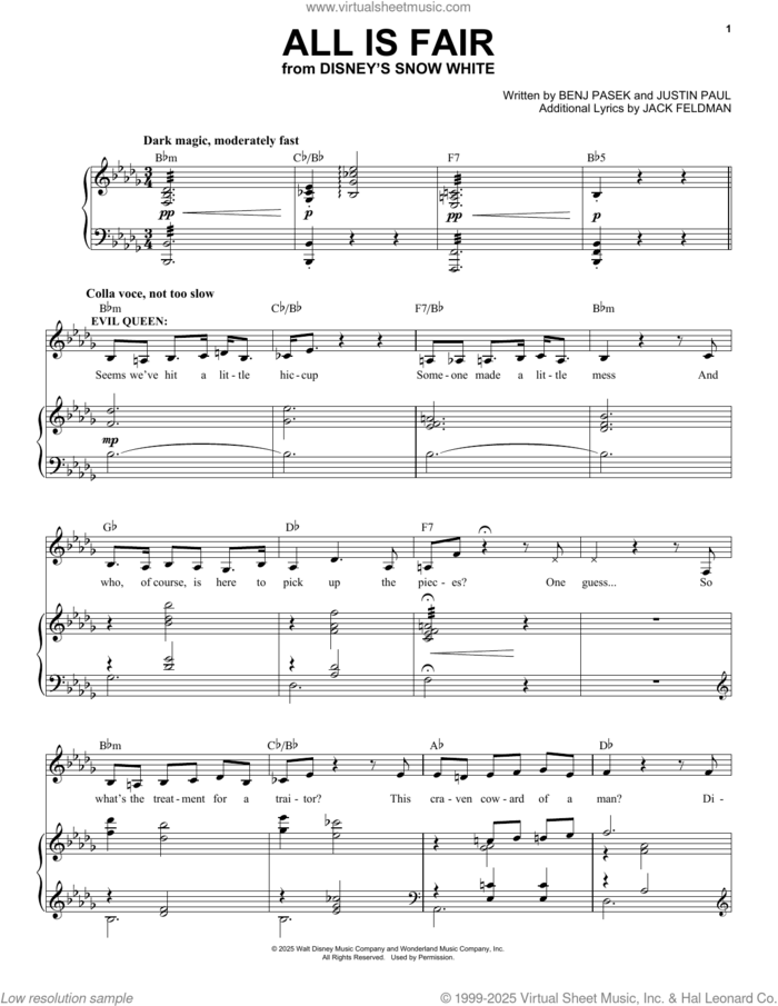 All Is Fair (from Snow White) (2025) sheet music for voice and piano by Benj Pasek, Jack Feldman, Justin Paul and Pasek & Paul, intermediate skill level