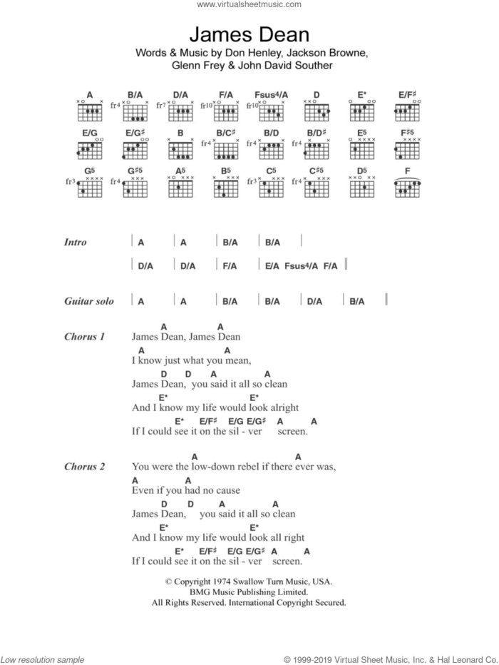 James Dean sheet music for guitar (chords) by The Eagles, Don Henley, Glenn Frey, Jackson Browne and John David Souther, intermediate skill level