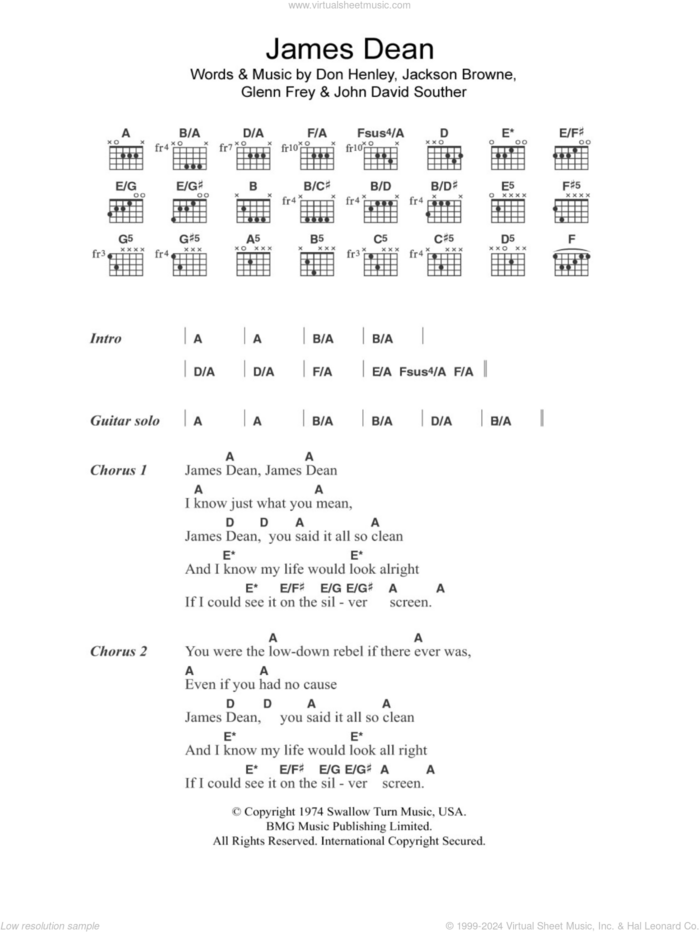 James Dean sheet music for guitar (chords) by The Eagles, Don Henley, Glenn Frey, Jackson Browne and John David Souther, intermediate skill level