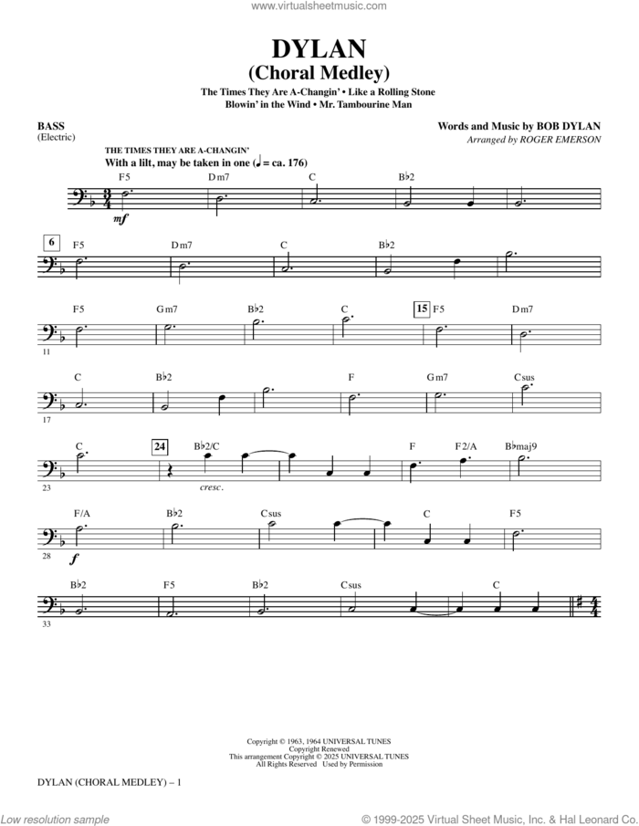 Dylan (Choral Medley) sheet music for orchestra/band (bass) by Bob Dylan and Roger Emerson, intermediate skill level