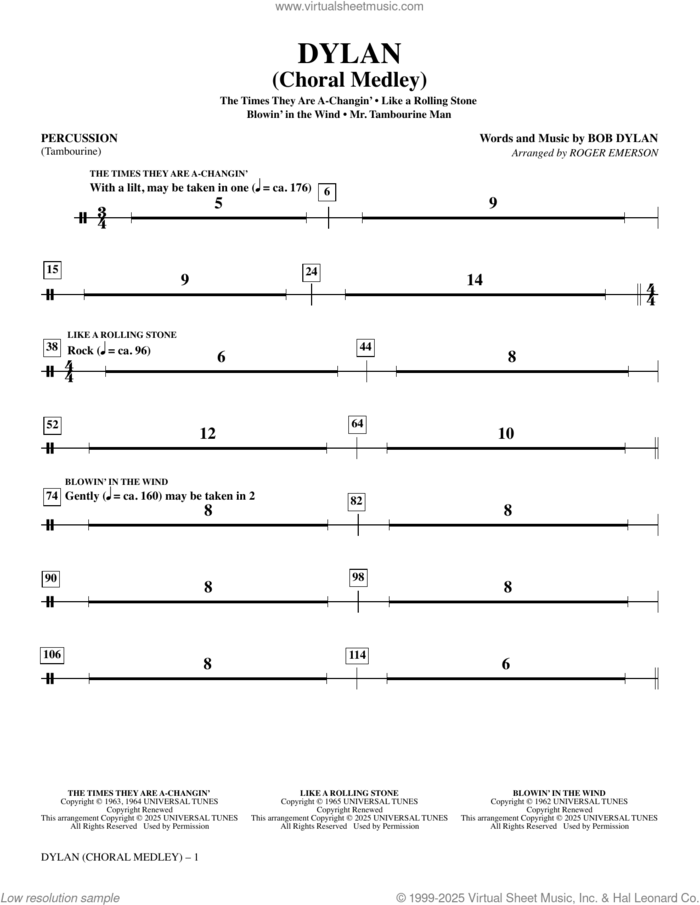Dylan (Choral Medley) sheet music for orchestra/band (percussion) by Bob Dylan and Roger Emerson, intermediate skill level